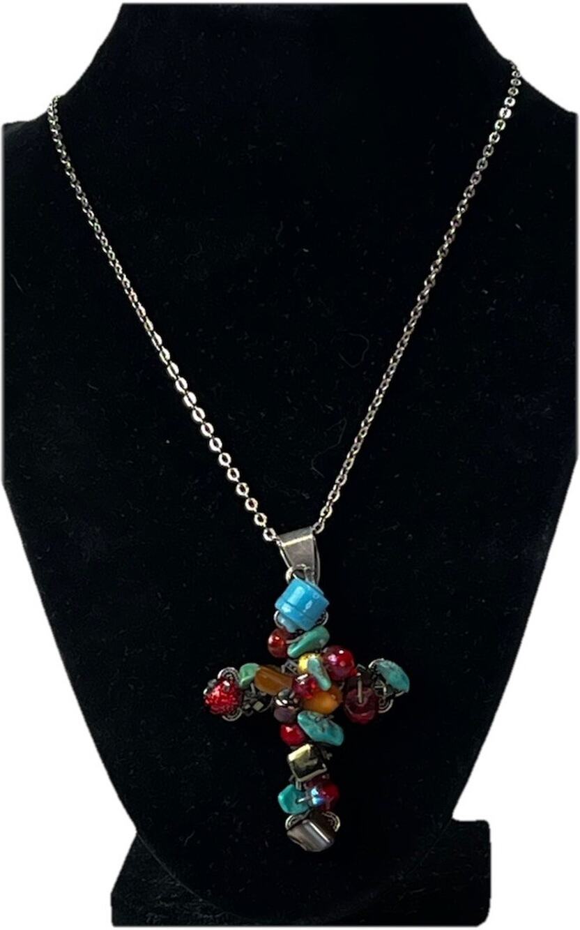 Vintage Cross Multi Gemstone Turquoise/ Coral /Glass Pendant Necklace - 27.6g